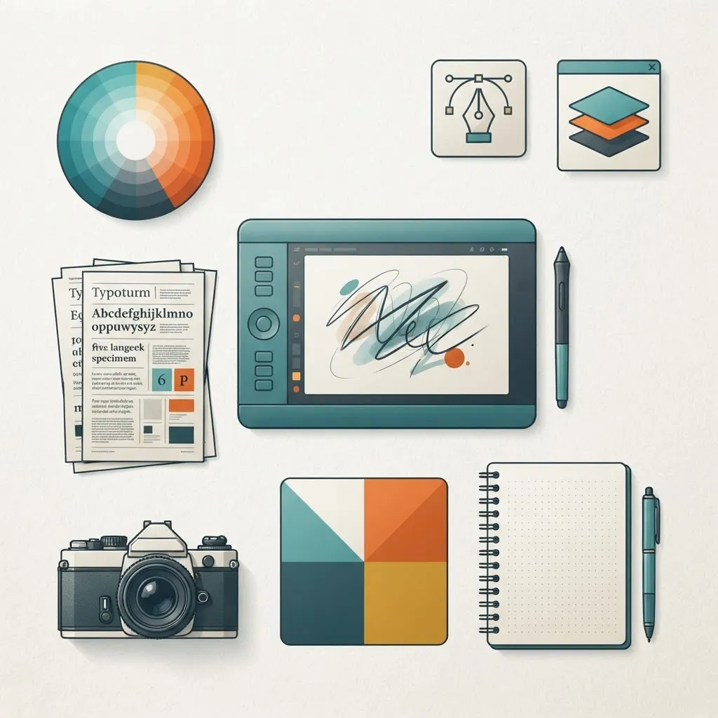 Graphic design skills toolkit with tablet, color wheel, and typography tools