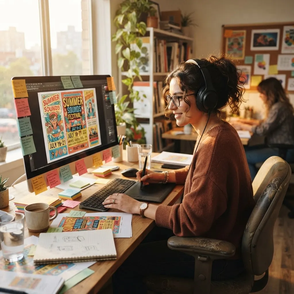 Focused designer working on a vibrant poster layout in the afternoon