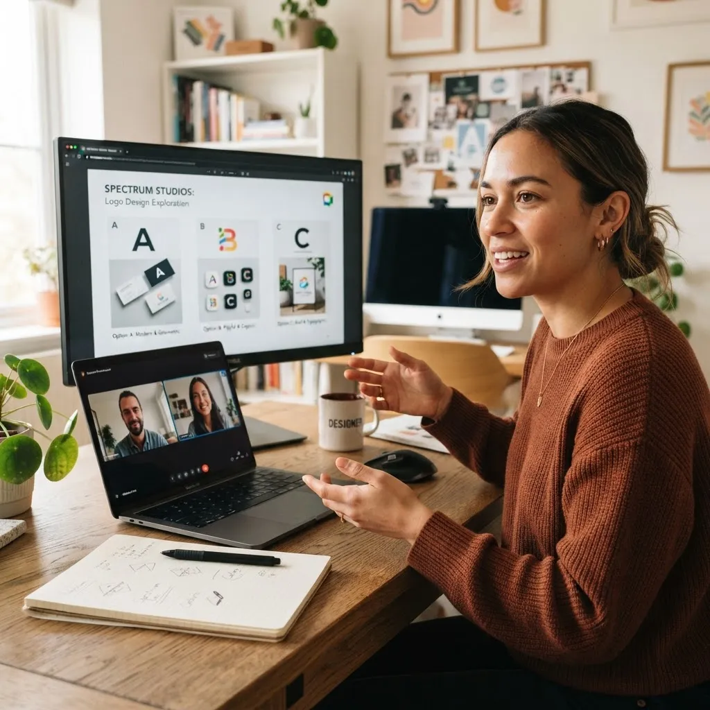 Designer presenting logo options to a client on a video call