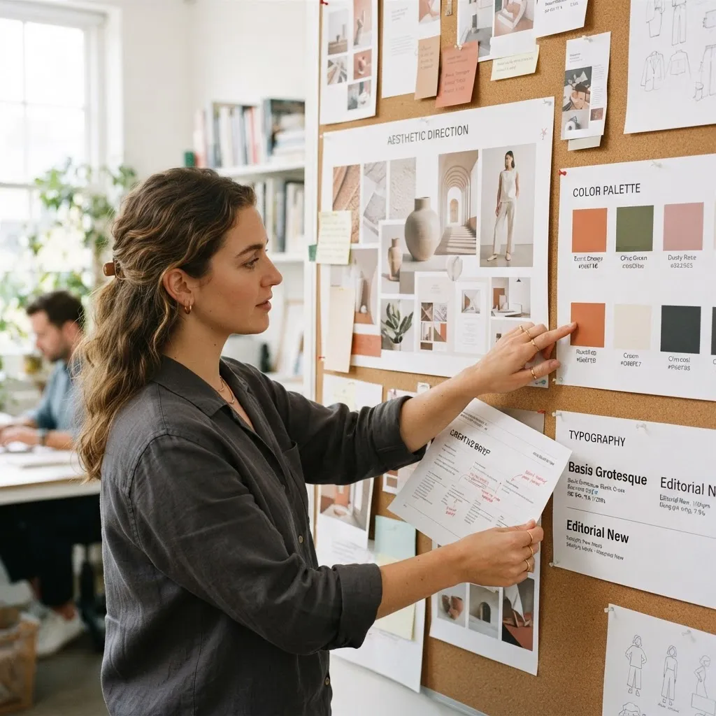 Designer reviewing a printed creative brief and mood board with color palettes