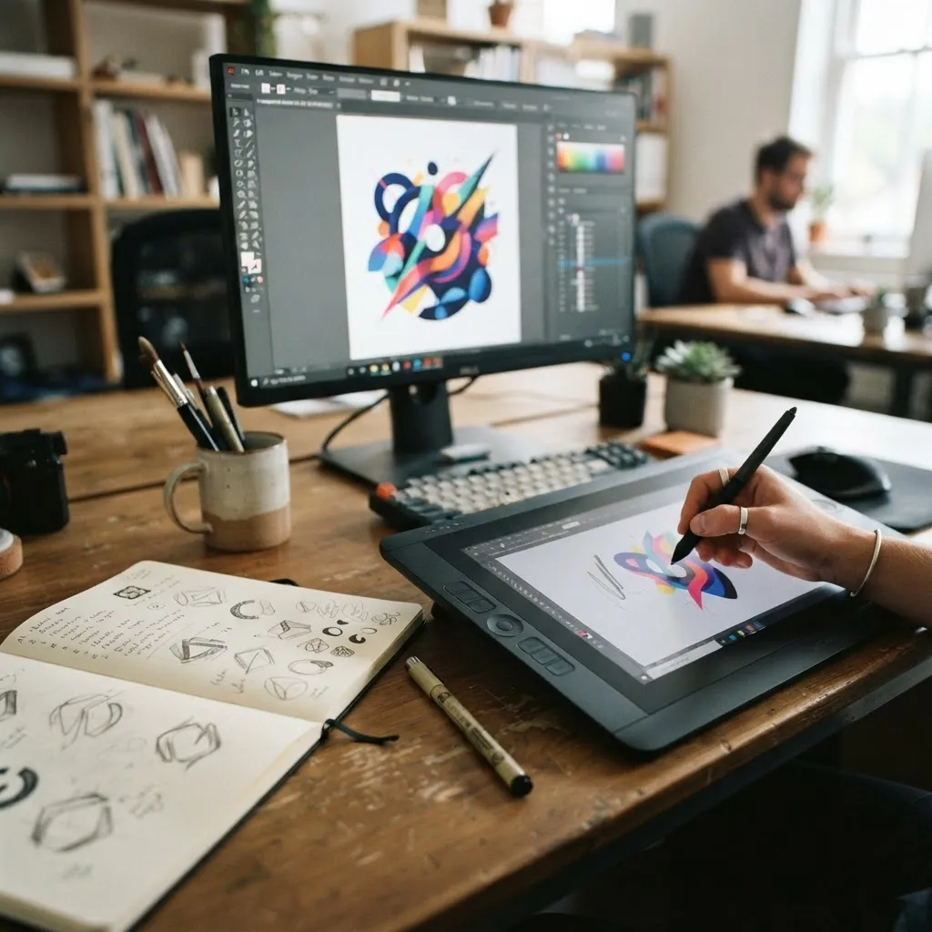 Close-up of design tools including drawing tablet, stylus, and vector software