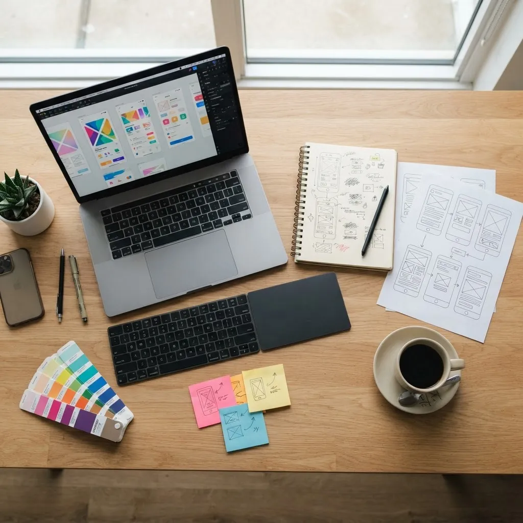 Flat lay of a graphic designer's daily workflow with laptop, wireframes, and color swatches