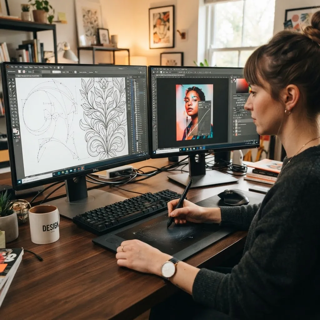 Designer's dual-monitor setup showing vector illustration and photo editing software