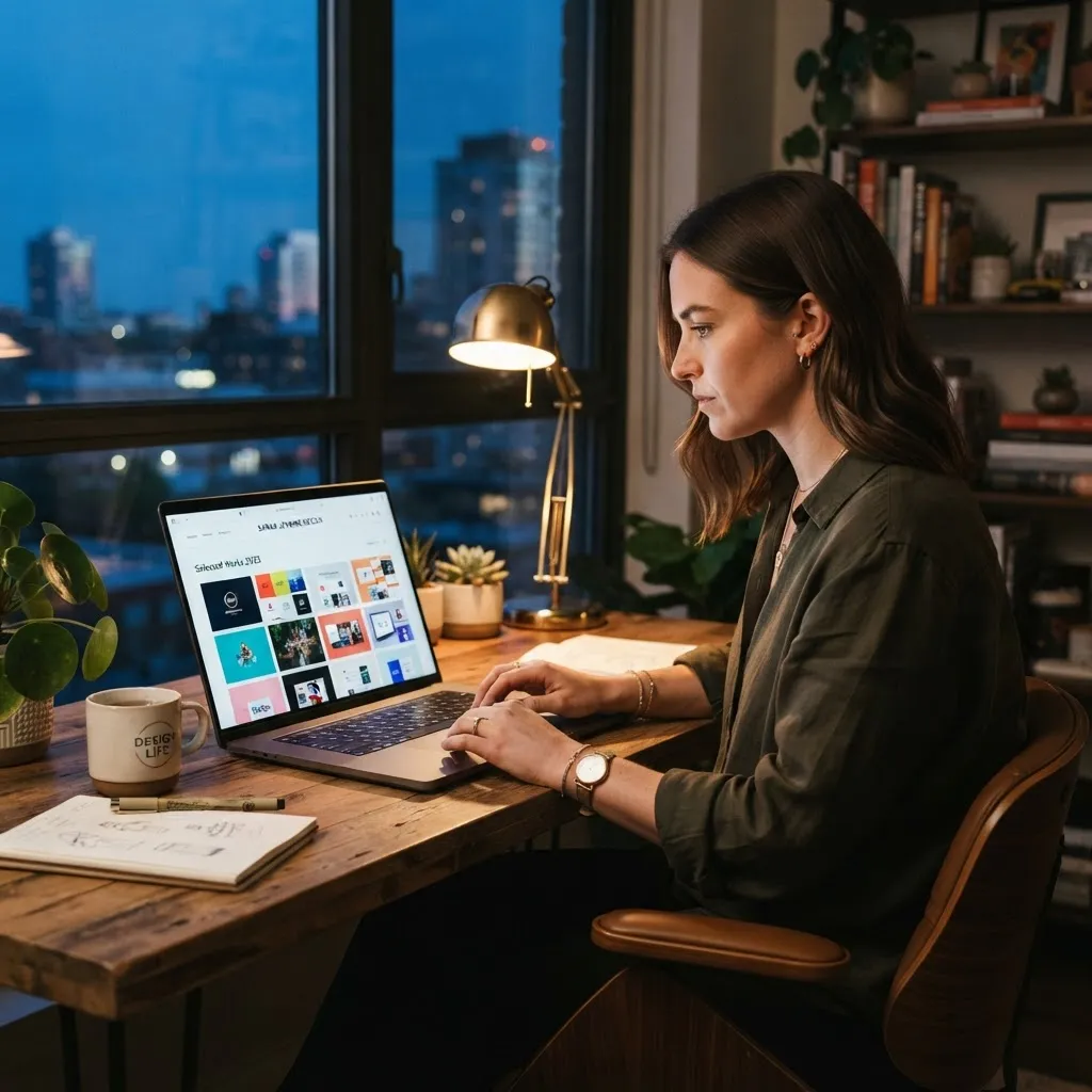 Designer updating an online portfolio website on a laptop in the evening