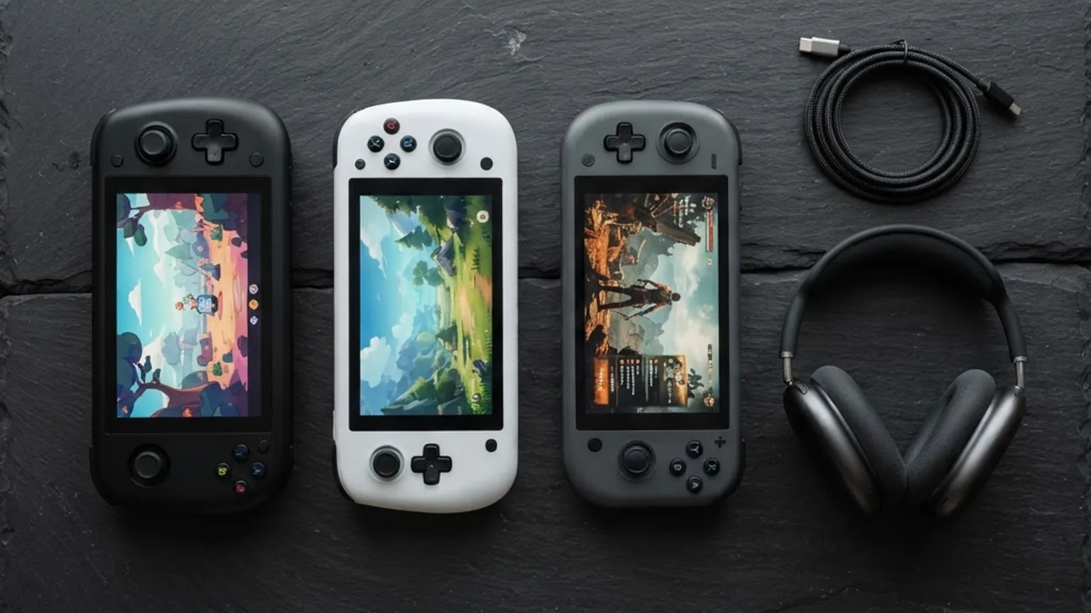Three modern handheld gaming consoles arranged for comparison