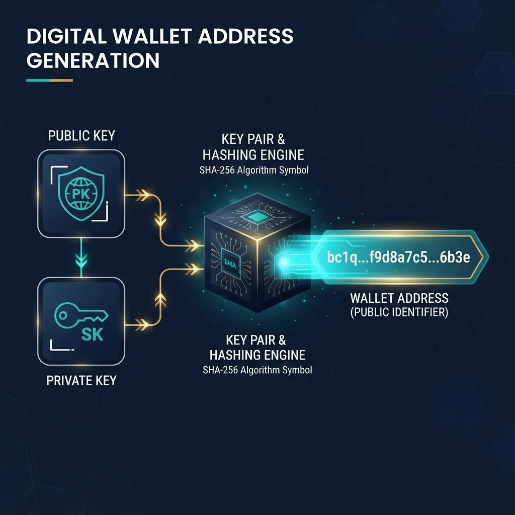 Public and private keys feeding into a hashing step that produces a wallet address