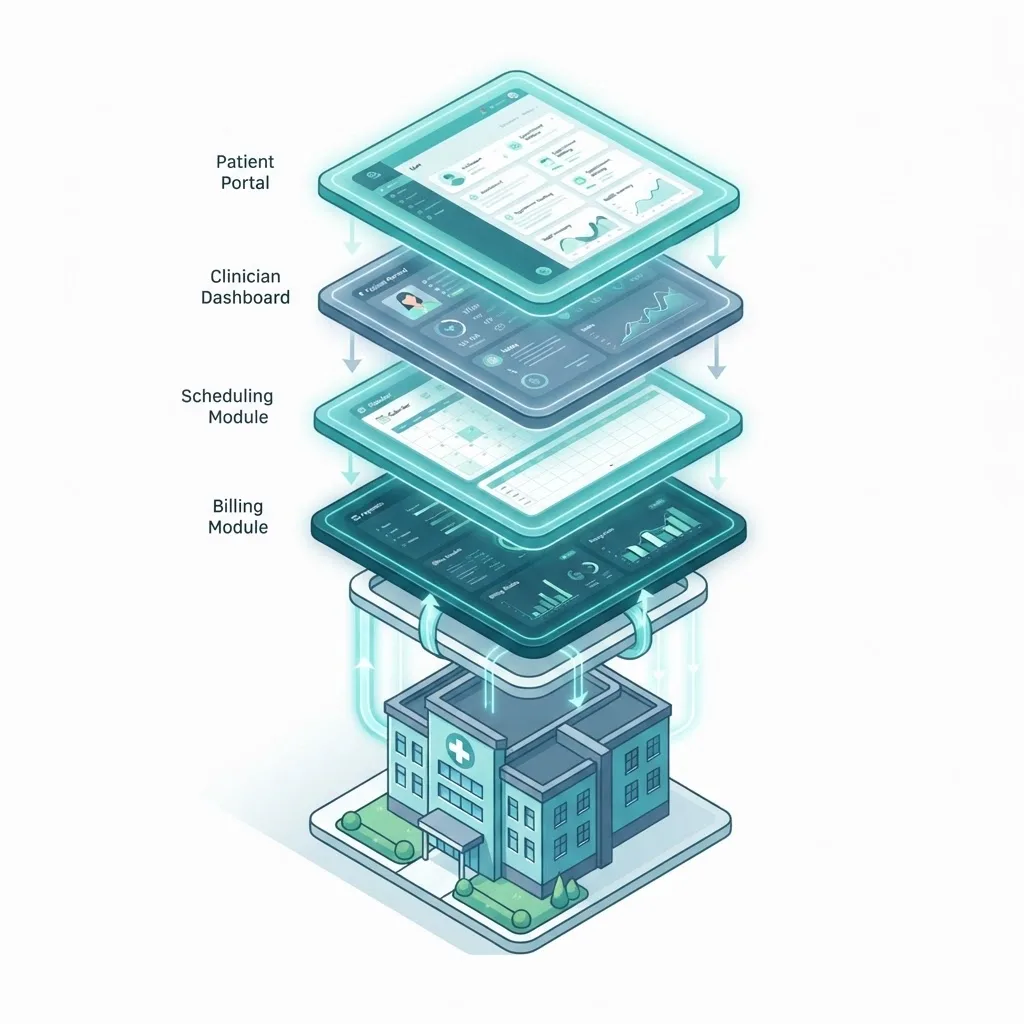 Layers of a healthcare web platform including patient portal and clinician dashboard