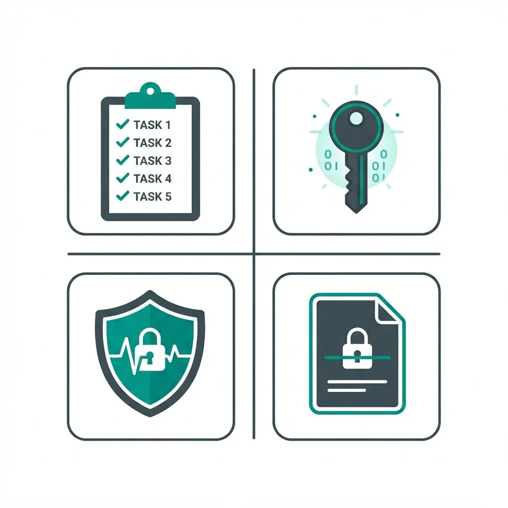 Healthcare web application security checklist with shield and encryption icons