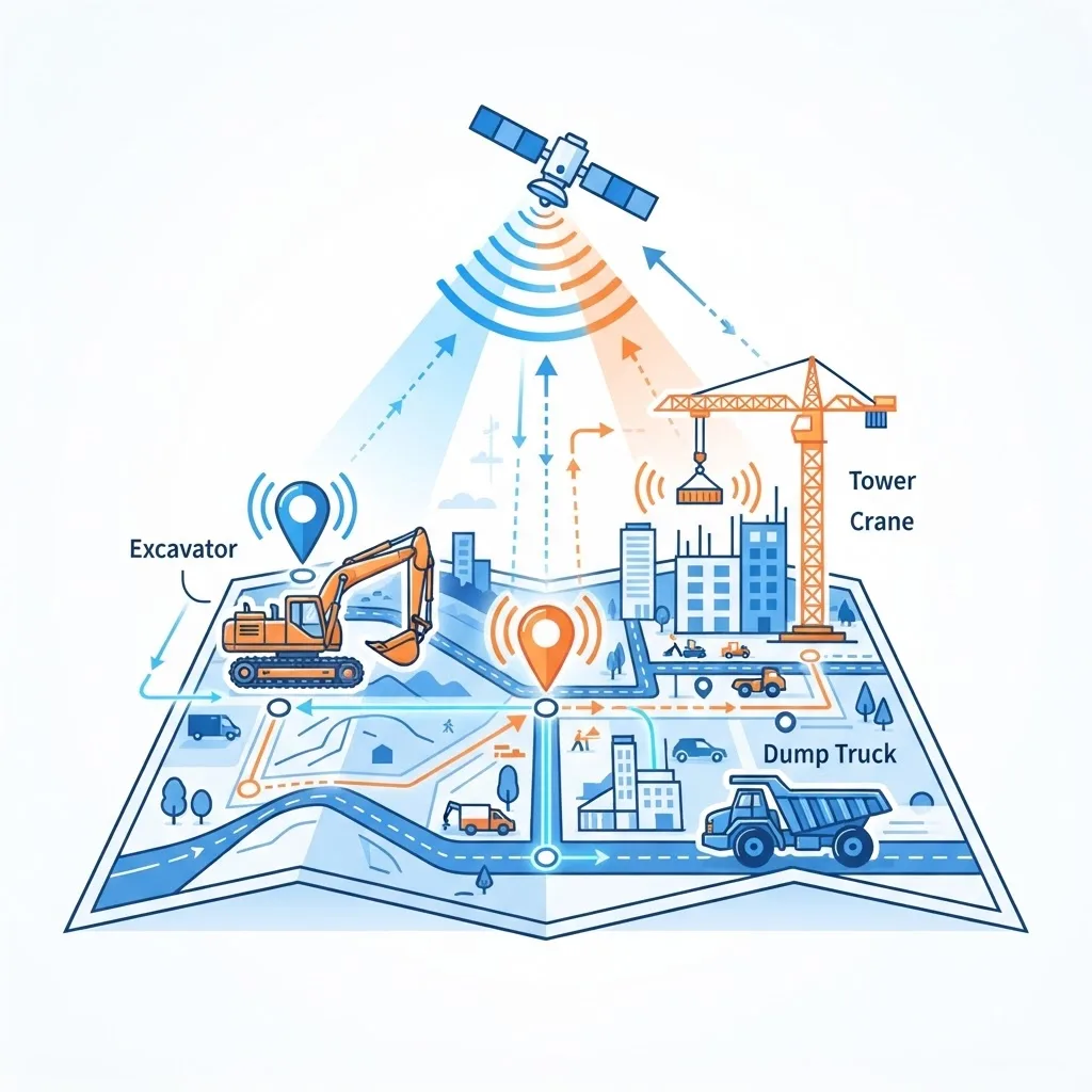 GPS telematics tracking network connecting heavy construction equipment on a map