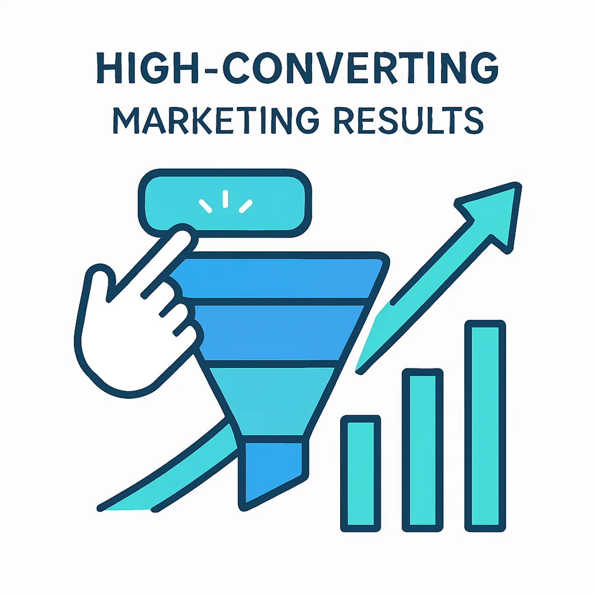Conversion funnel turning clicks into customers with growth arrow