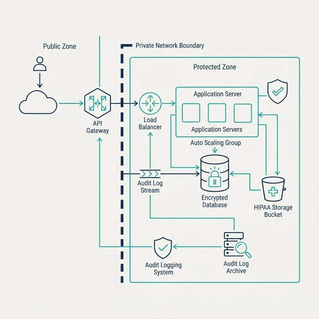HIPAA compliant healthcare web architecture diagram with encrypted database and audit logs