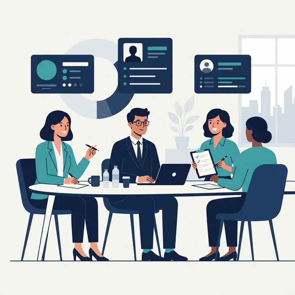 Hiring panel reviewing candidate criteria with a checklist