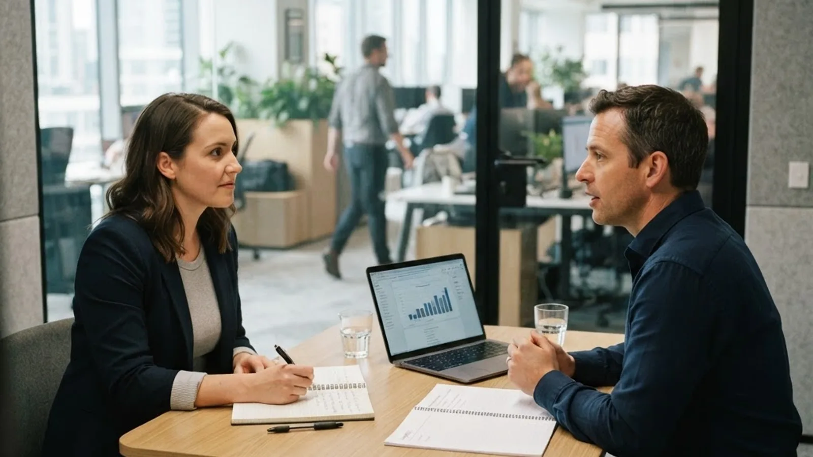Business owner interviewing a technology consultant in a modern meeting room