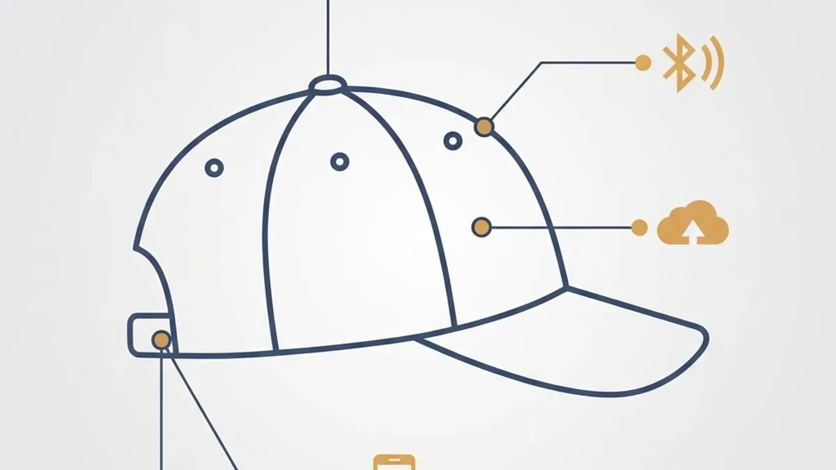 Flat technical illustration of a cap side profile with callouts to a sensor chip, wireless signal, cloud, and phone