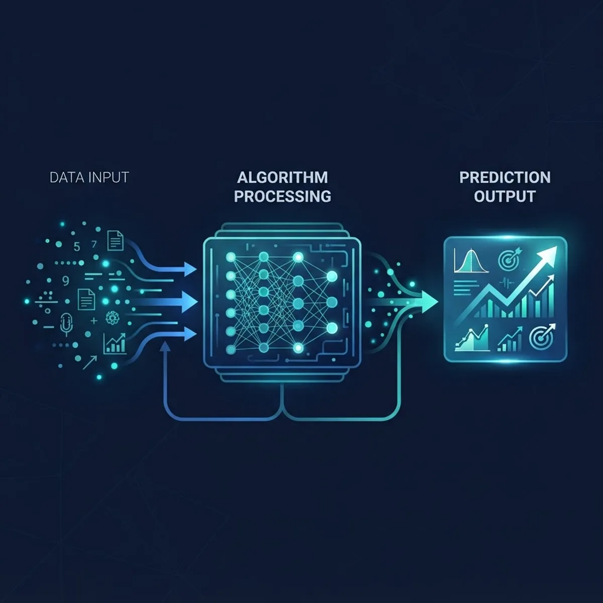 Diagram showing how artificial intelligence processes data into predictions