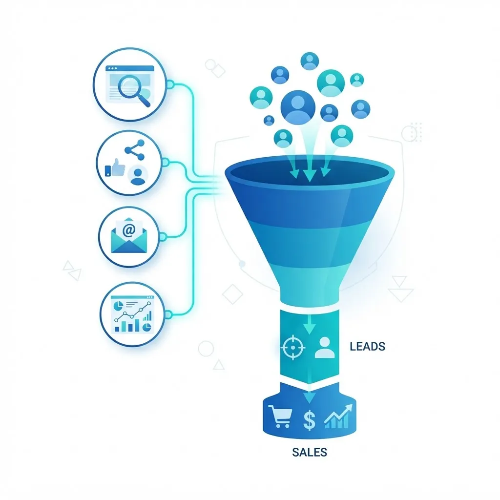 Infographic-style illustration of a marketing funnel connecting search, social, and email channels to sales