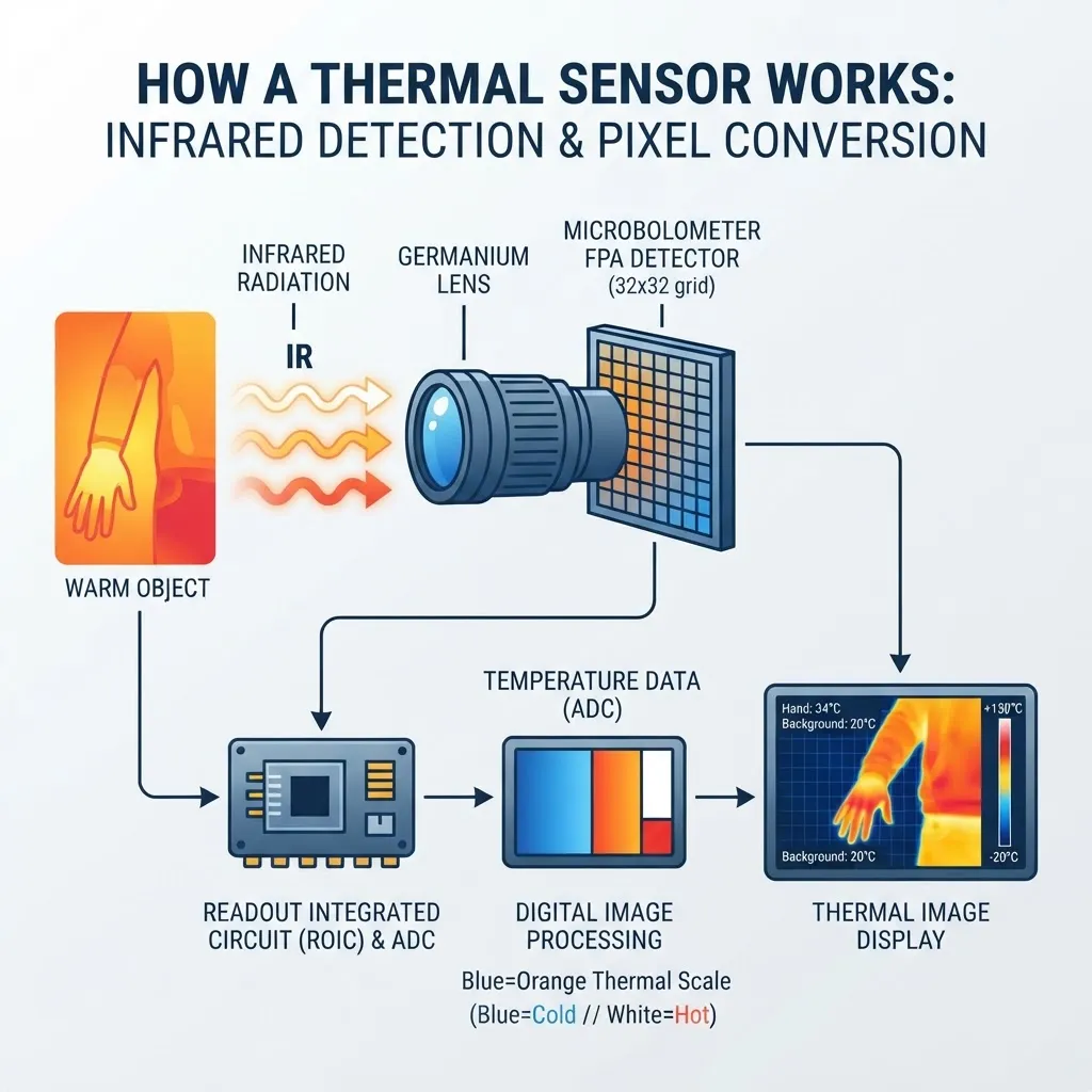 Diagram of how thermal sensors detect infrared radiation
