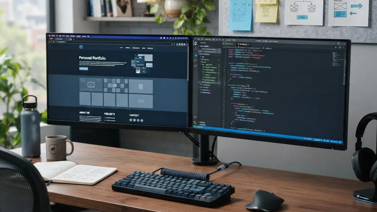 Dual-monitor workspace showing a portfolio website and JavaScript code