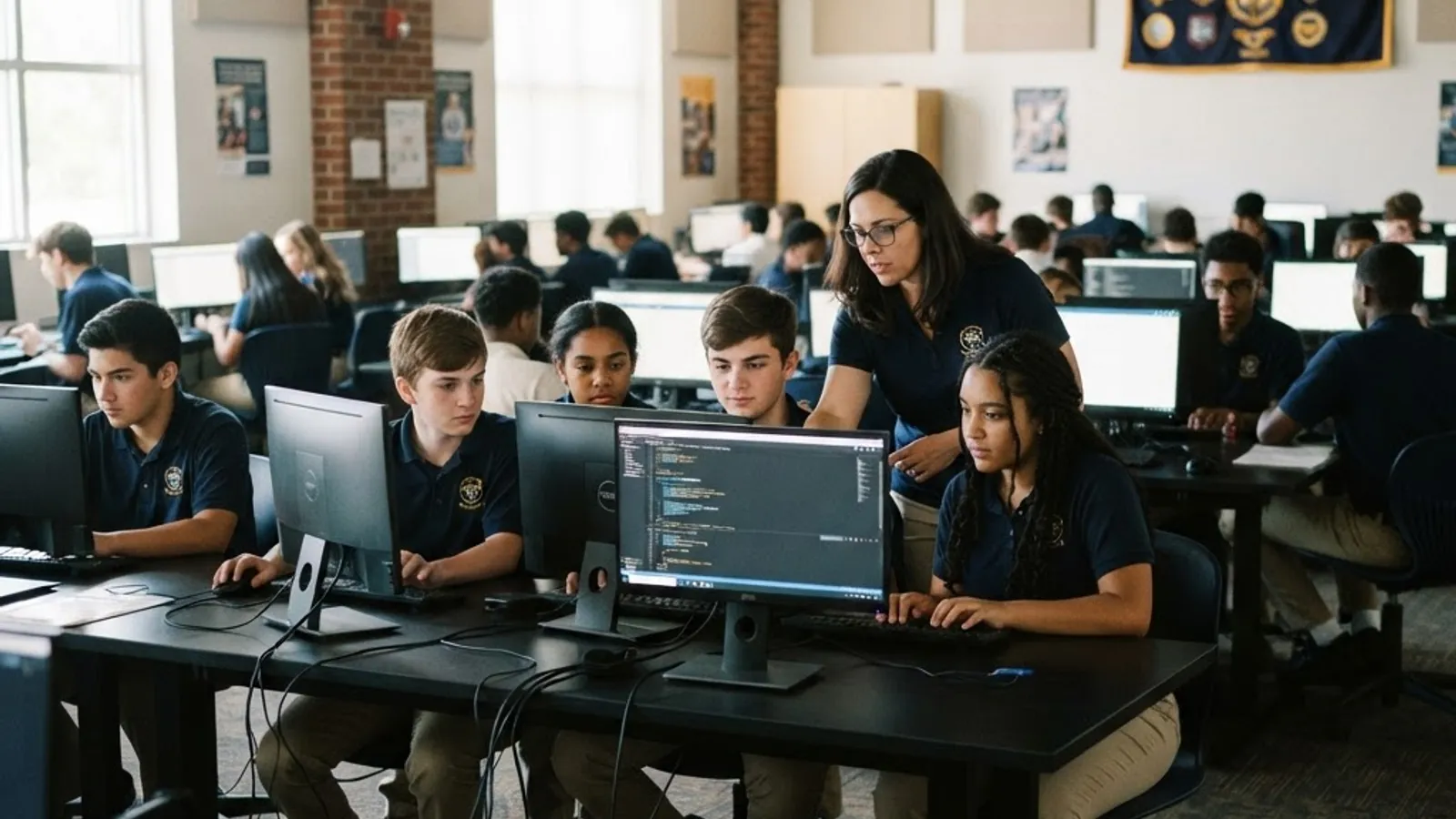Bright ILTexas computer lab with students coding together during a computer science honor society meeting