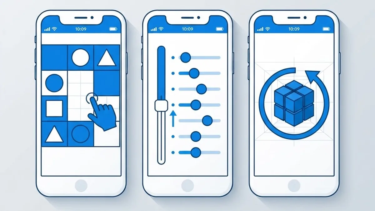 Three phone screens showing image grid, slider and rotate gesture puzzle types