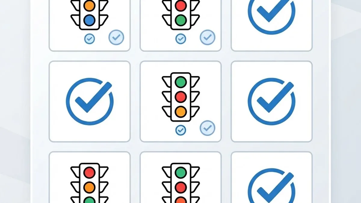 Nine tile grid puzzle with some tiles marked by blue checkmarks