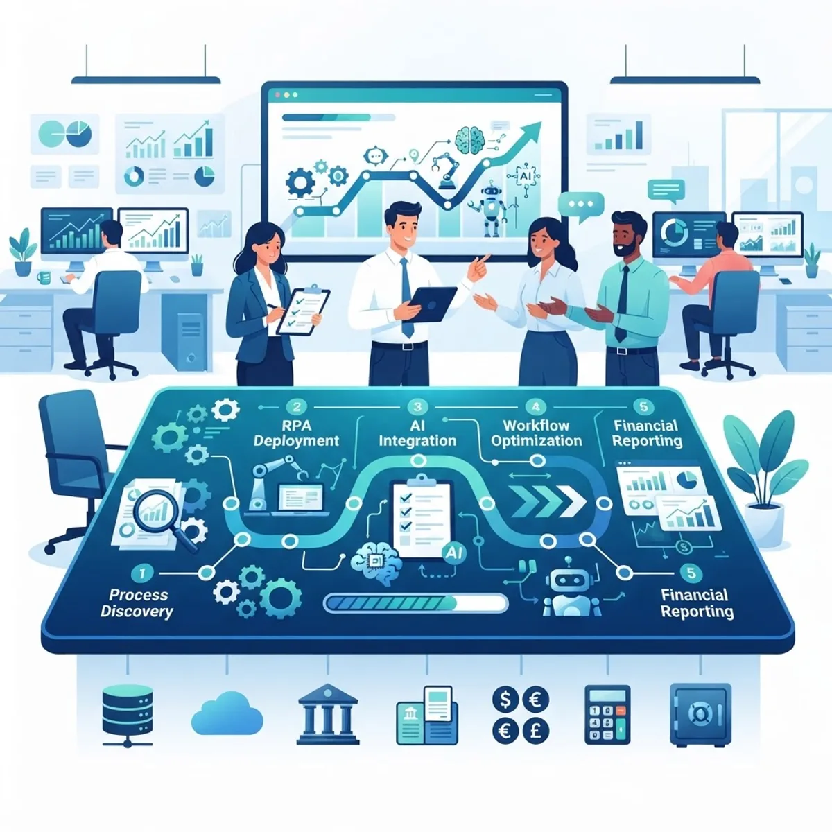 Team implementing an RPA and AI strategy in finance