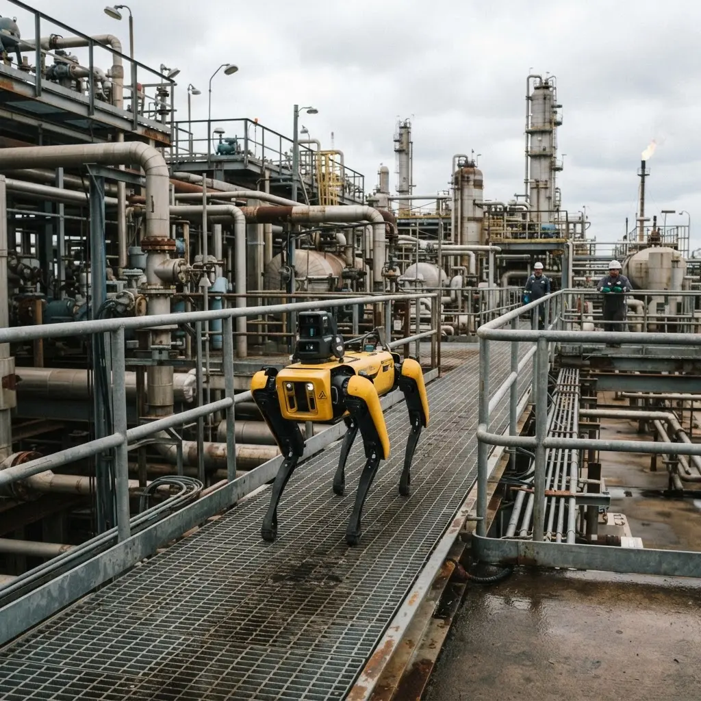 Industrial inspection robot dog in a processing plant