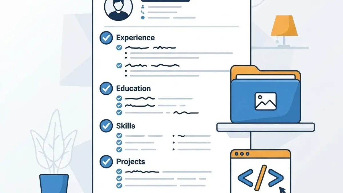 Resume with checkmarks beside a portfolio folder and code icon