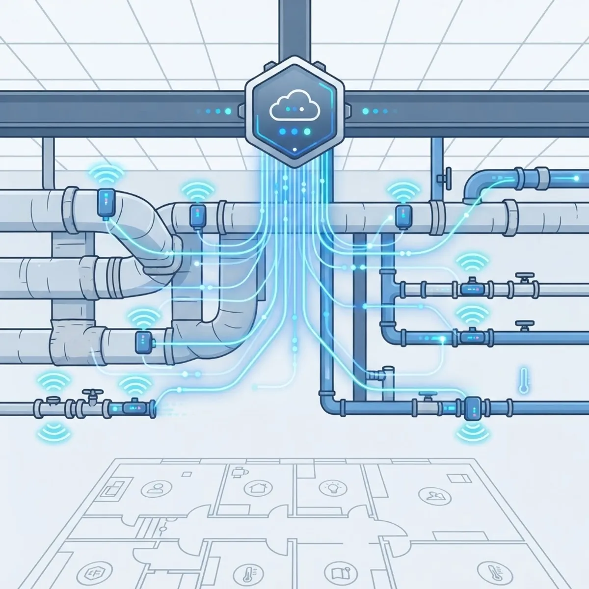 IoT sensors collecting HVAC and plumbing data in a smart building