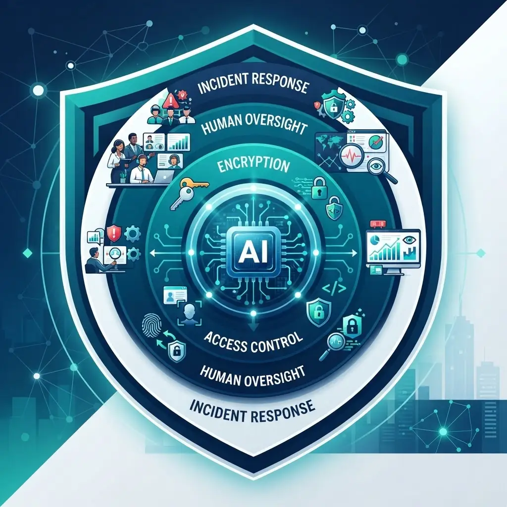 Layered security controls protecting AI assets