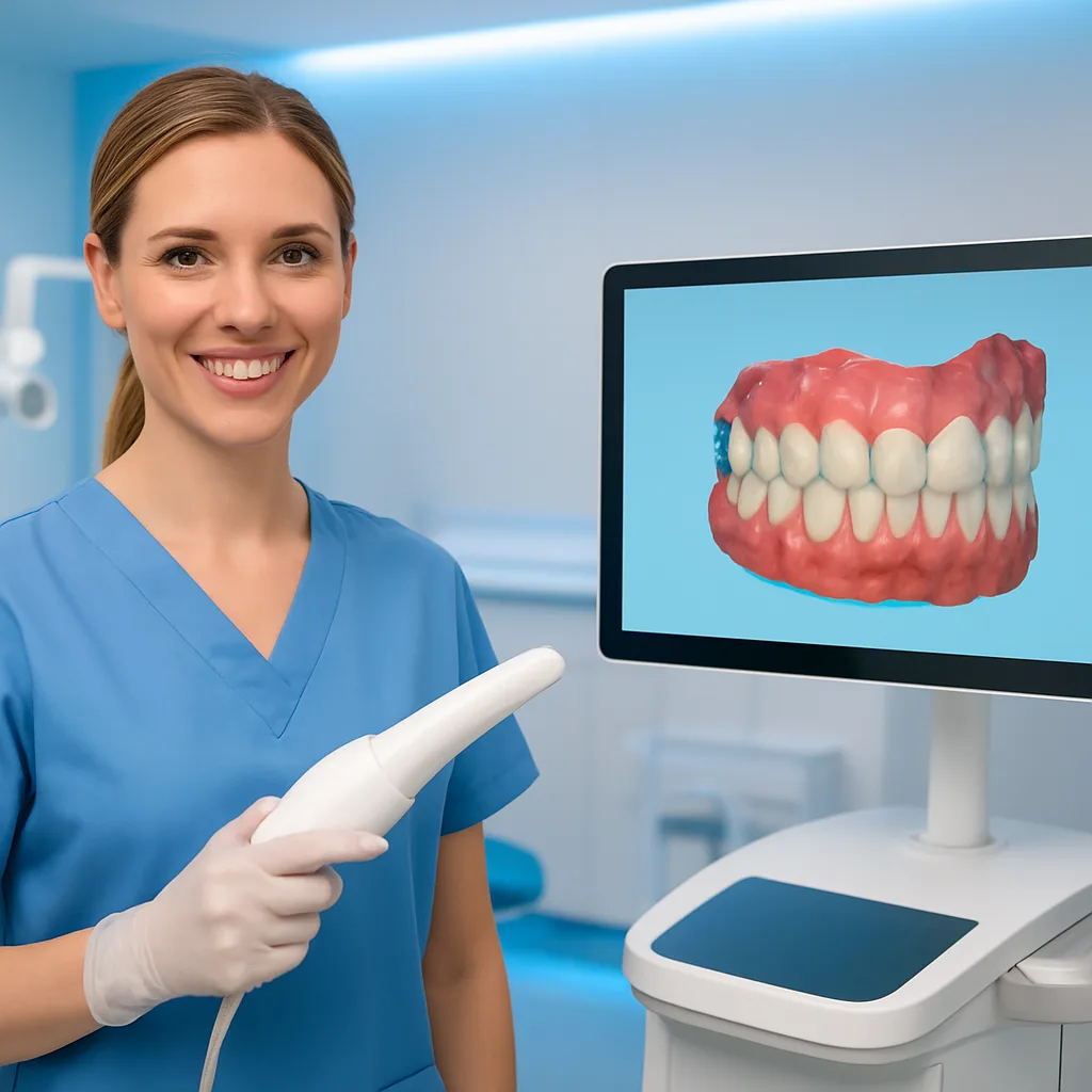 Dentist holding iTero intraoral scanner showing 3D teeth model