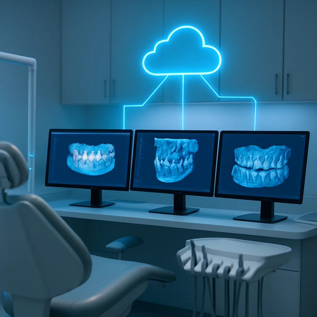 Modern dental practice digital workflow with connected monitors