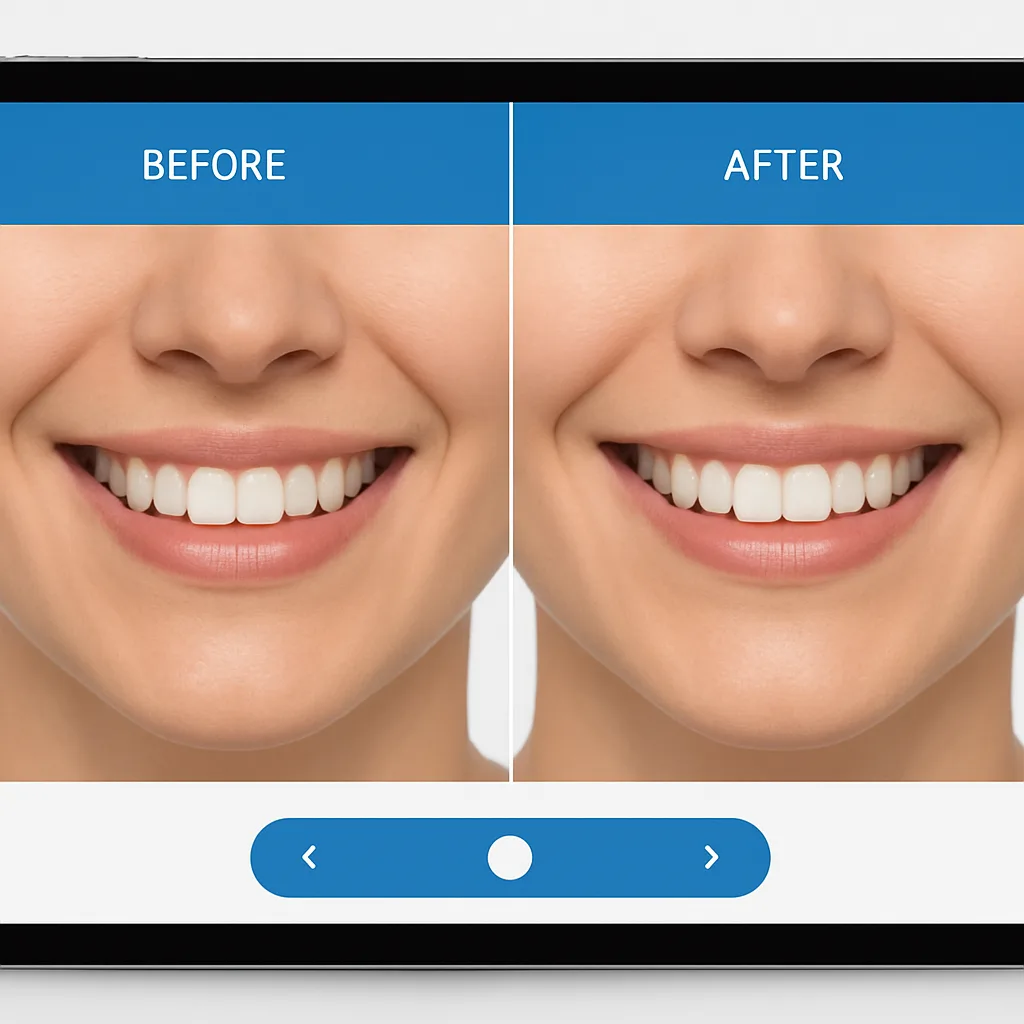 Before and after smile simulation on a tablet screen