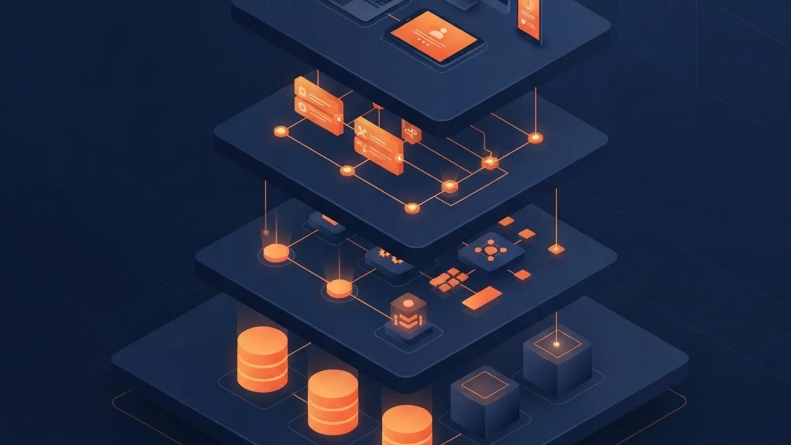 Isometric diagram of layered enterprise application architecture