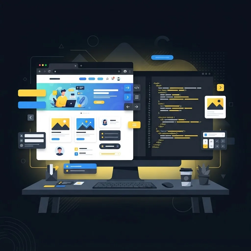 Browser window rendering a web interface beside a code editor