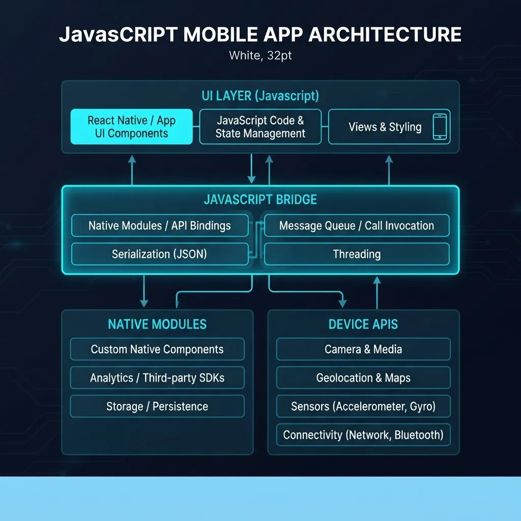 Architecture layers of a JavaScript mobile app including the bridge and native modules