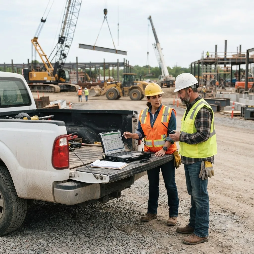 Site supervisors coordinating jobsite equipment dispatch and scheduling on a laptop