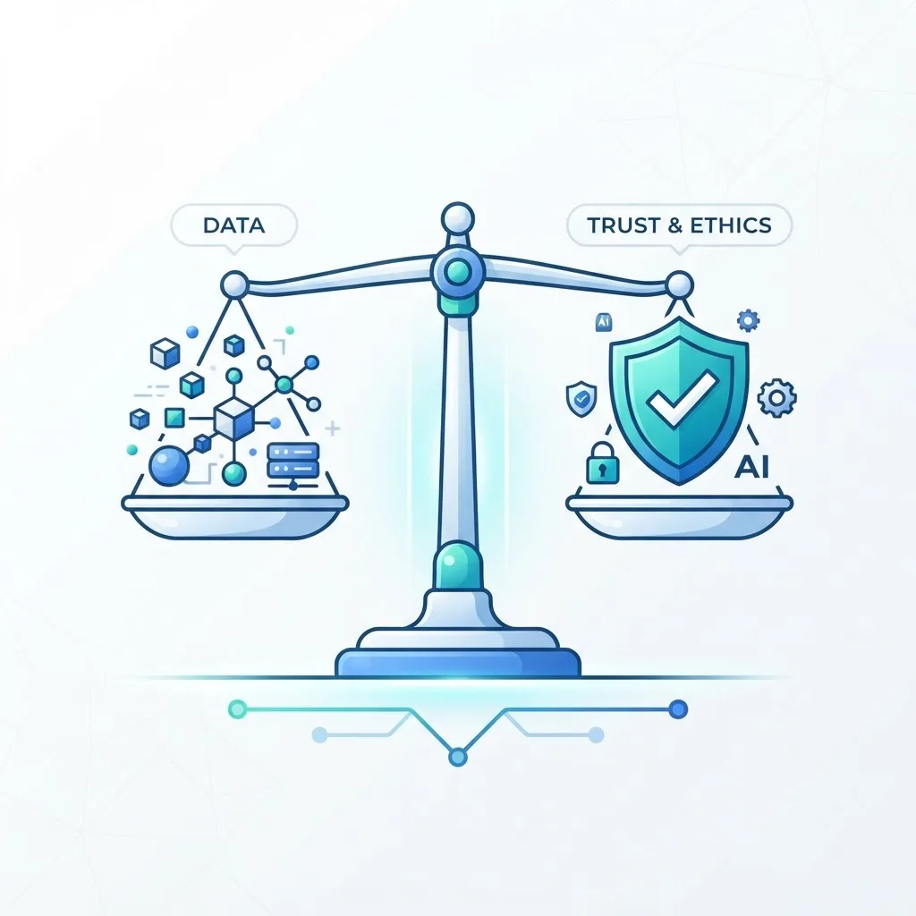 AI ethics and trust illustrated with a balance scale and shield