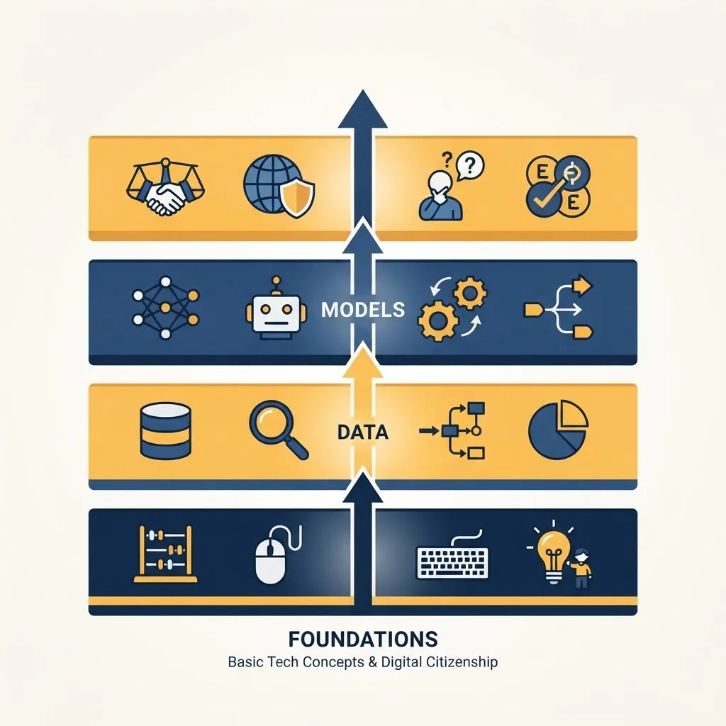 Layered K-12 AI literacy curriculum framework showing foundations, data, models and ethics bands