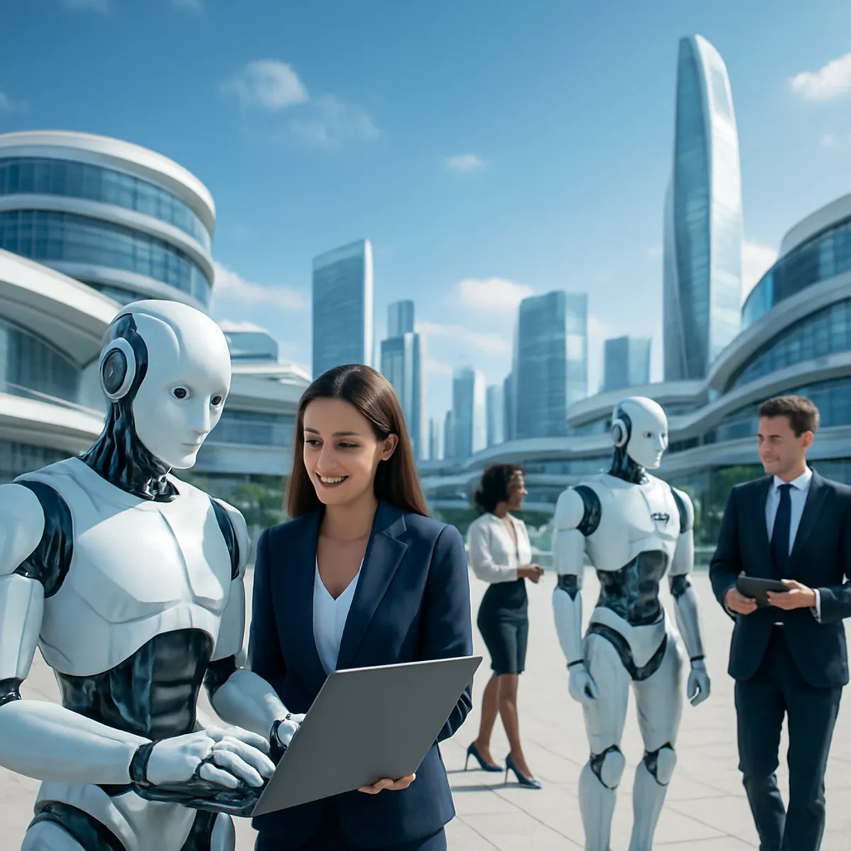 Future cityscape with Kai AI robots working alongside people