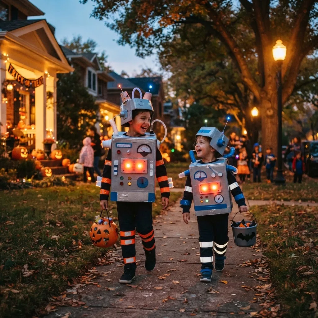 Children wearing handmade robot costumes trick or treating