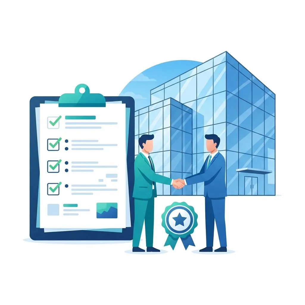 Checklist illustration with checkmarks, a handshake, and a certification badge