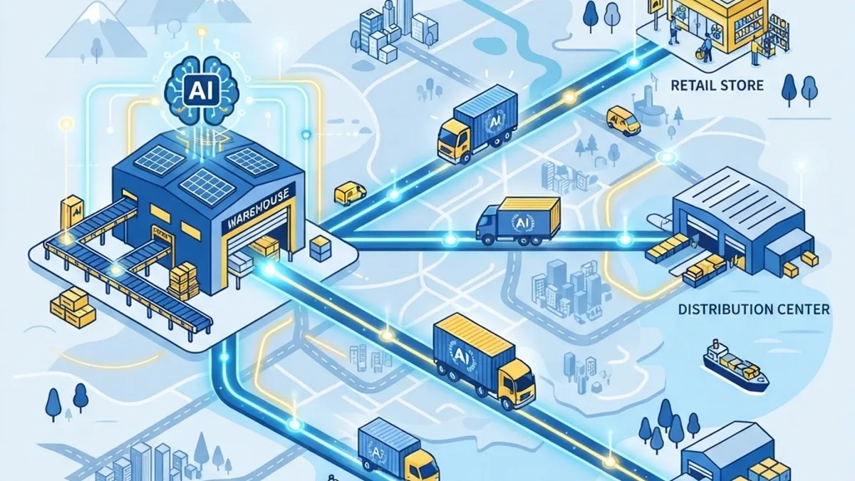 AI-optimized retail supply chain with warehouses trucks and route nodes