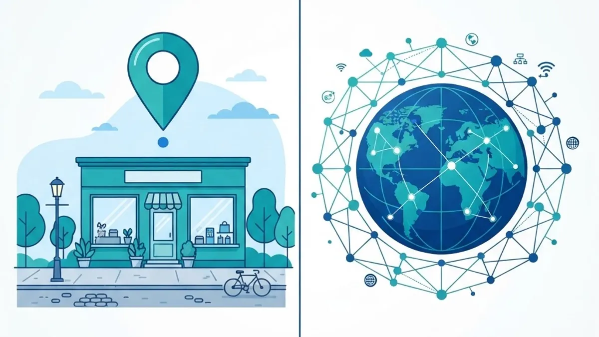 Split illustration comparing local SEO and global SEO companies