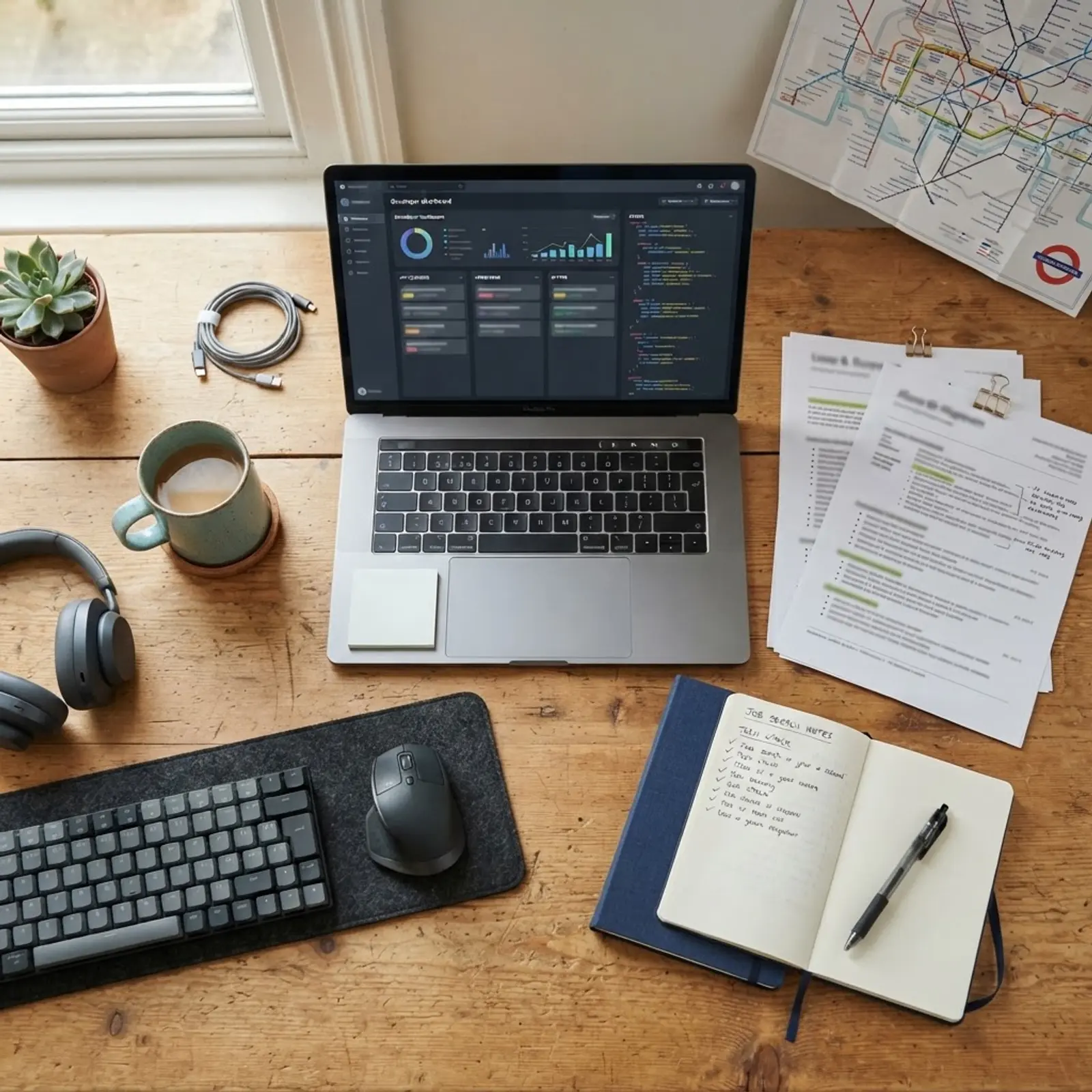 Overhead view of a London developer organising a targeted job search
