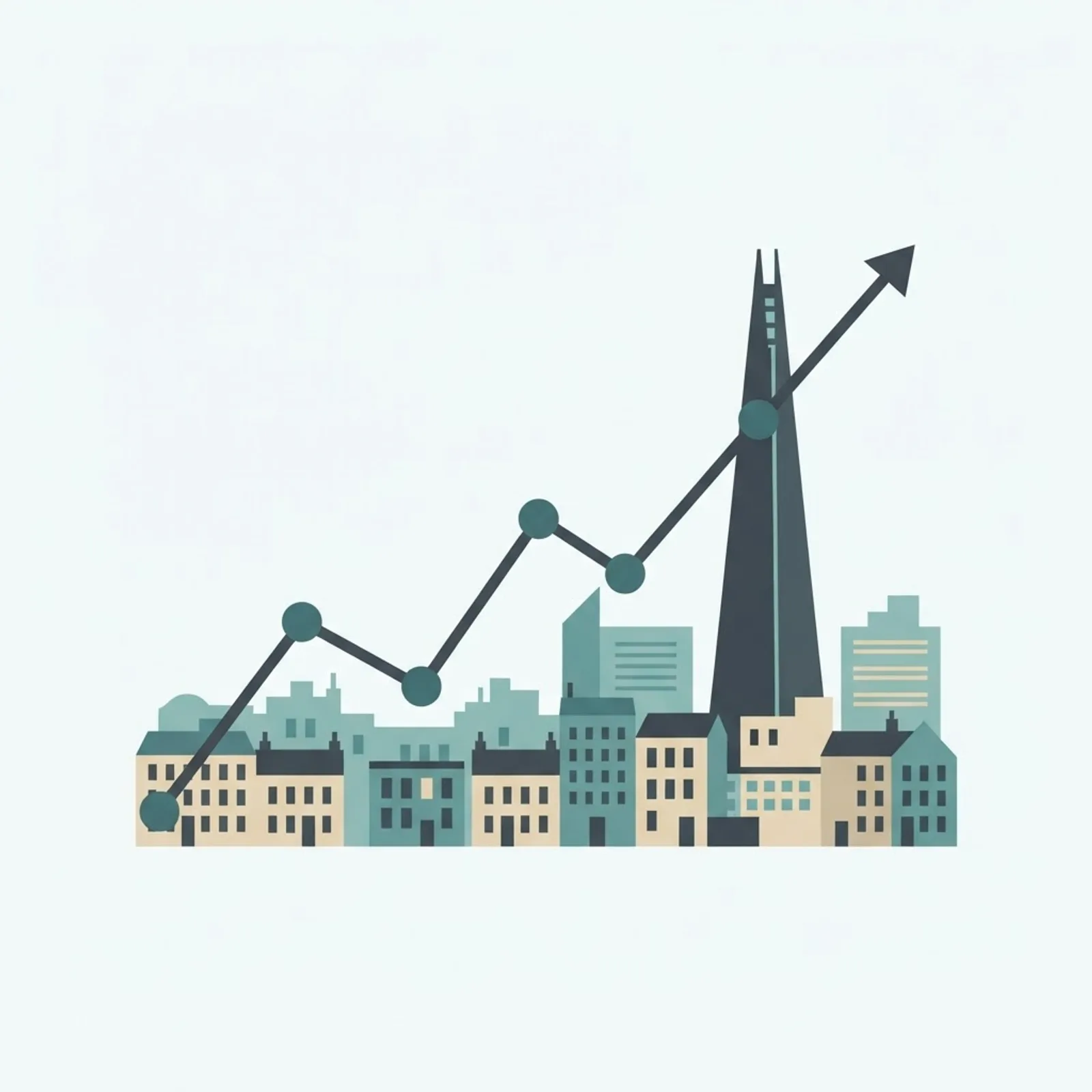 Illustration of upward trending London tech hiring lines over a city skyline