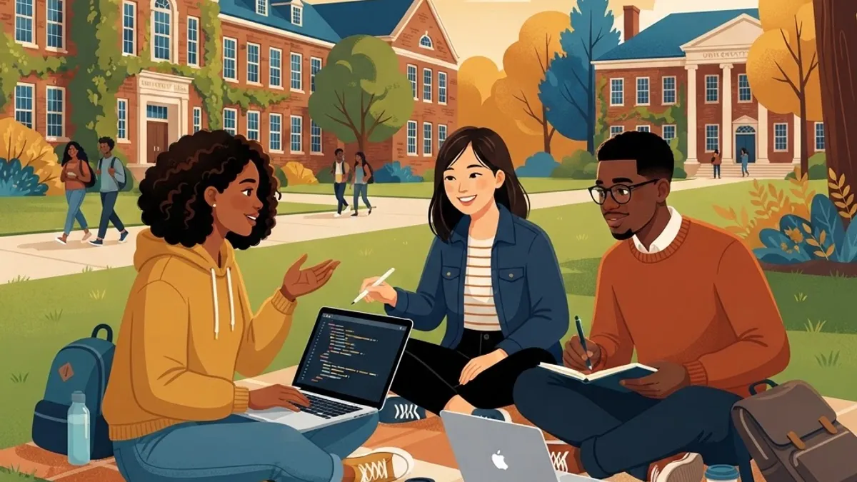 Computer science students collaborating with laptops on a university campus lawn
