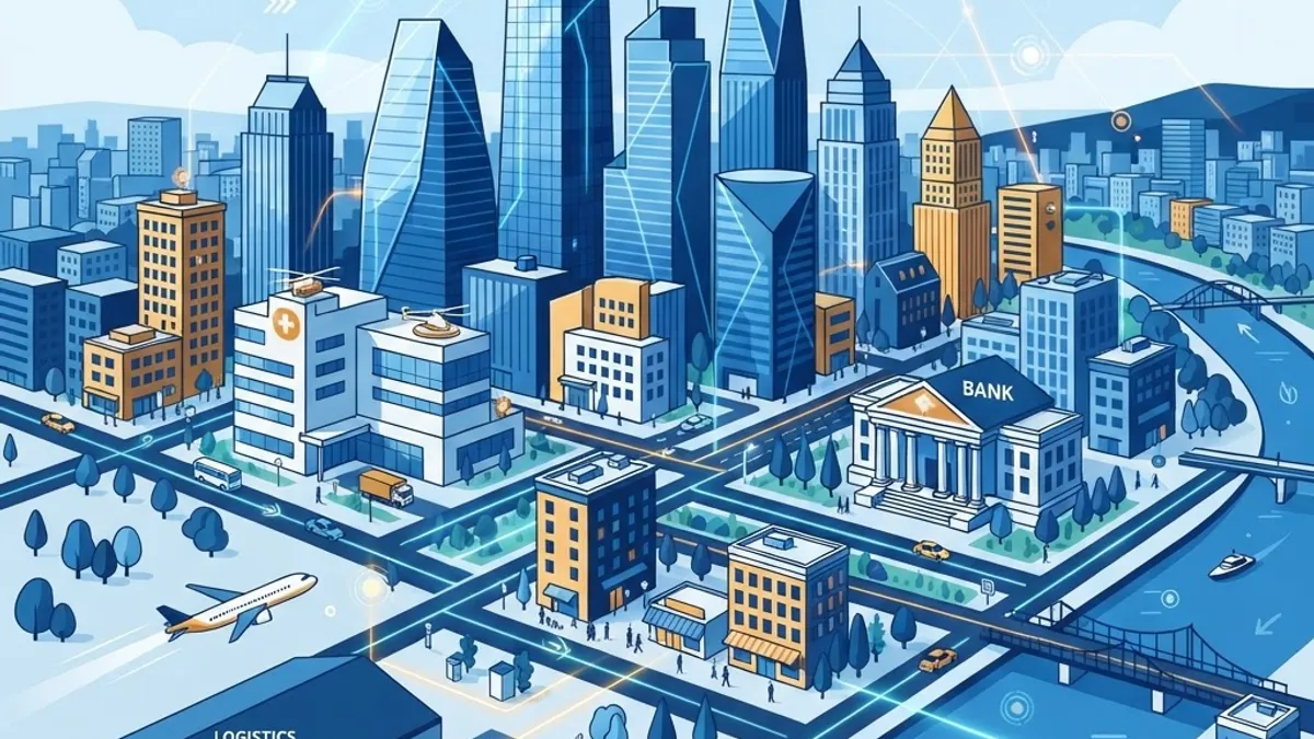 Illustration of city offices, hospital, warehouse and bank representing local employers
