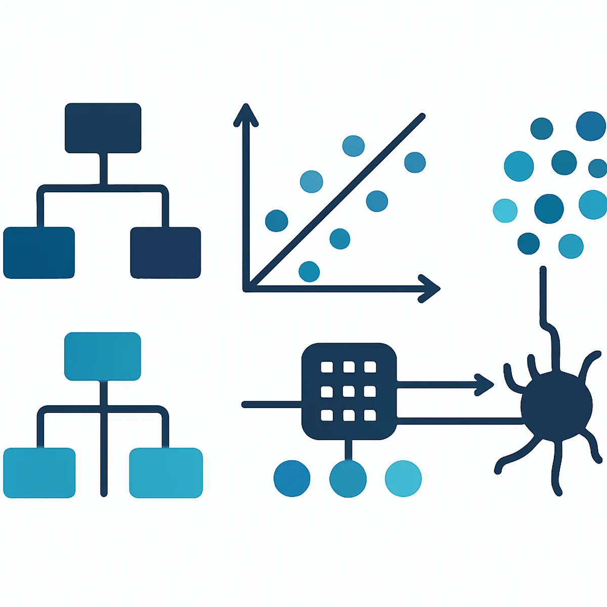 Machine learning algorithms illustration with decision tree, regression line, and clustered data