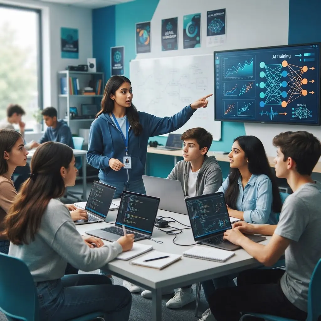 Teenagers in a machine learning workshop with an instructor
